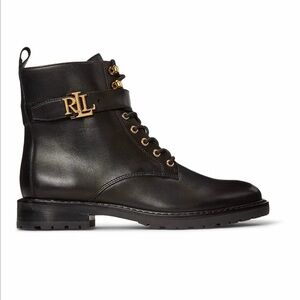 Ralph Lauren Black Leather Ankle Boots with Gold Logo